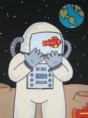 cartoon astronaut with a fish inside his helmet