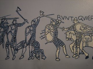 painting of guys in armor hitting each other with axes